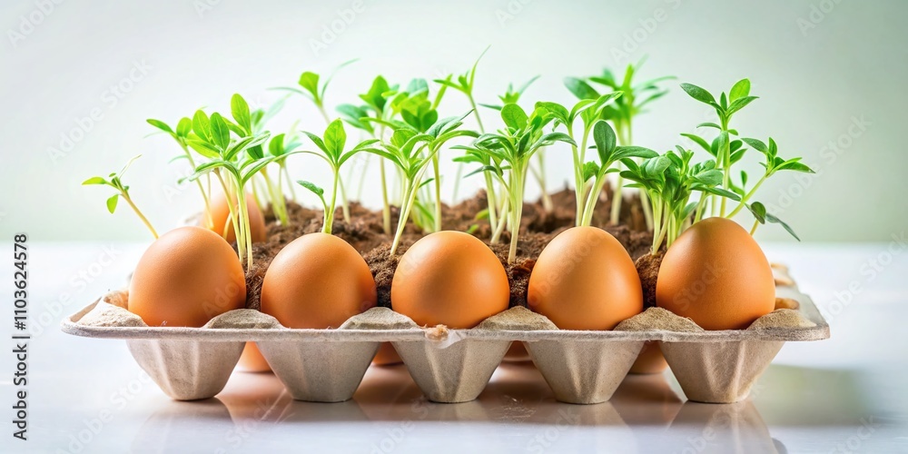 Growing Plants in Egg Boxes on a White Background: A Creative Display of Sustainable Gardening Techniques and Eco-Friendly Practices for Urban Living Growing Plants in Egg Boxes on a White Background: A Creative Display of Sustainable Gardening Techniques and Eco-Friendly Practices for Urban Living