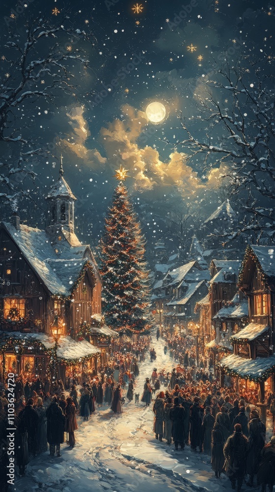 Winter Wonderland Scene with Christmas Tree and Snow-Covered Village Winter Wonderland Scene with Christmas Tree and Snow-Covered Village