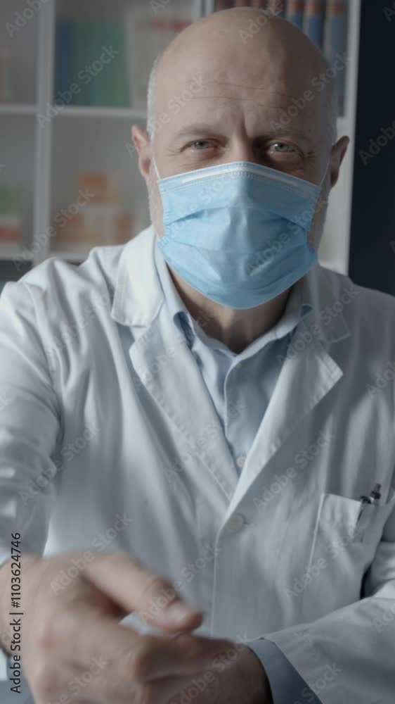 Doctor working in his office and giving a medical prescription to the patient, he is wearing a face mask, point of view shot