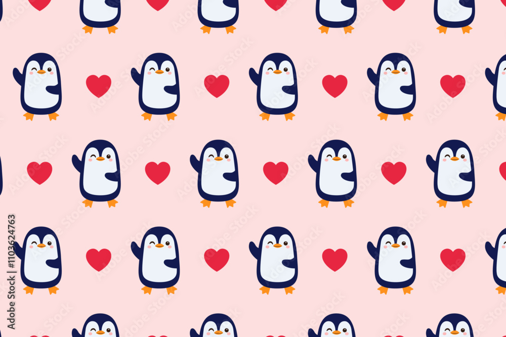Naklejka premium Cute pattern. Penguin and hearts. Vector illustration