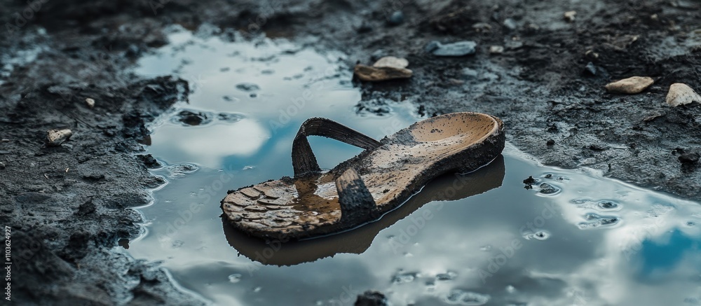 Fototapeta premium A single sandal with a bent strap, half-buried in mud after heavy rain, with puddles reflecting cloudy skies