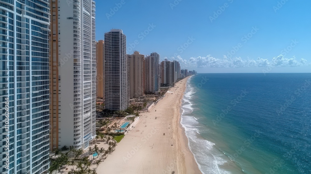 Towering skyscrapers line a vast beach, with serene blue waves lapping gently at the shore under a clear sky, creating a perfect blend of urban and natural beauty.