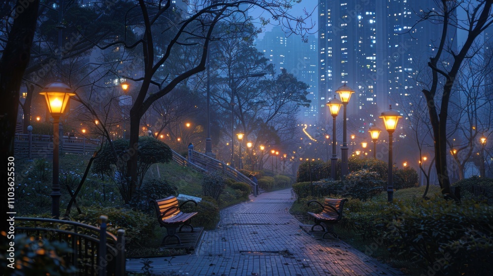 Obraz premium A serene park path illuminated by street lamps in a misty urban setting.
