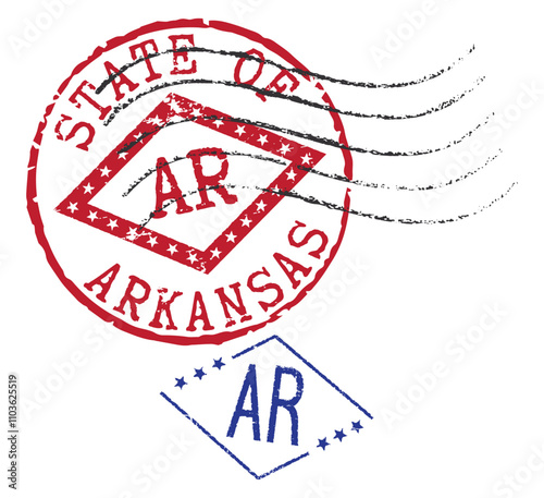 Postal rubber stamps STATE OF ARKANSAS and AR zip code abbreviation, along with the state symbol. Retro seals for letter envelopes, greeting cards, passports, parcels.