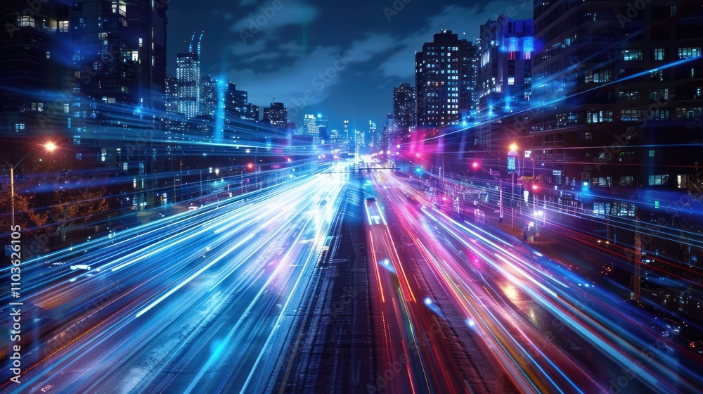 A vibrant cityscape at night with light trails from moving vehicles.