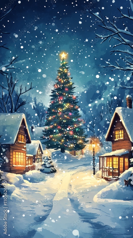 Winter Wonderland Scene with Christmas Tree and Snow-Covered Village Winter Wonderland Scene with Christmas Tree and Snow-Covered Village