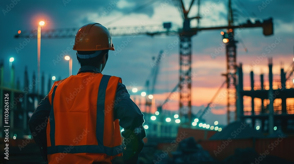 Back view of professional engineer manager standing focused wearing building hat. building construction industry background construction engineer concept observing workers Back view of professional engineer manager standing focused wearing building hat. building construction industry background construction engineer concept observing workers