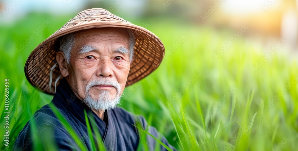 Fototapeta premium Portrait of an elderly Chinese man, approximately 95 years old, standing in the middle of a lush green rice field. Chinese man in a bamboo hat. copy space. rural simplicity of ancient China.
