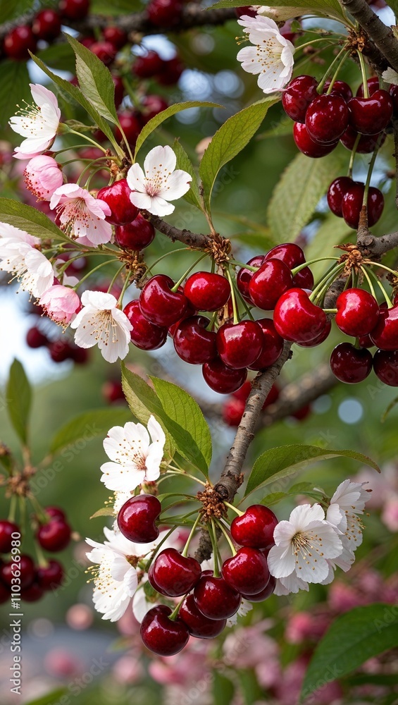 Cherry Tree Fruit bearing tree with white or pink blossoms and sweet cherries Cherry Tree Fruit bearing tree with white or pink blossoms and sweet cherries