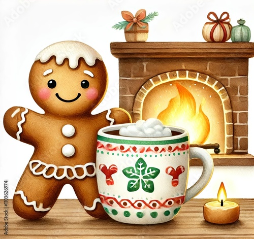 Cheerful gingerbread cookie with hot cocoa by a cozy fireplace, festive holiday vibe.