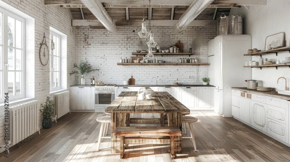 A bright, modern kitchen featuring a rustic wooden table and open shelving. A bright, modern kitchen featuring a rustic wooden table and open shelving.