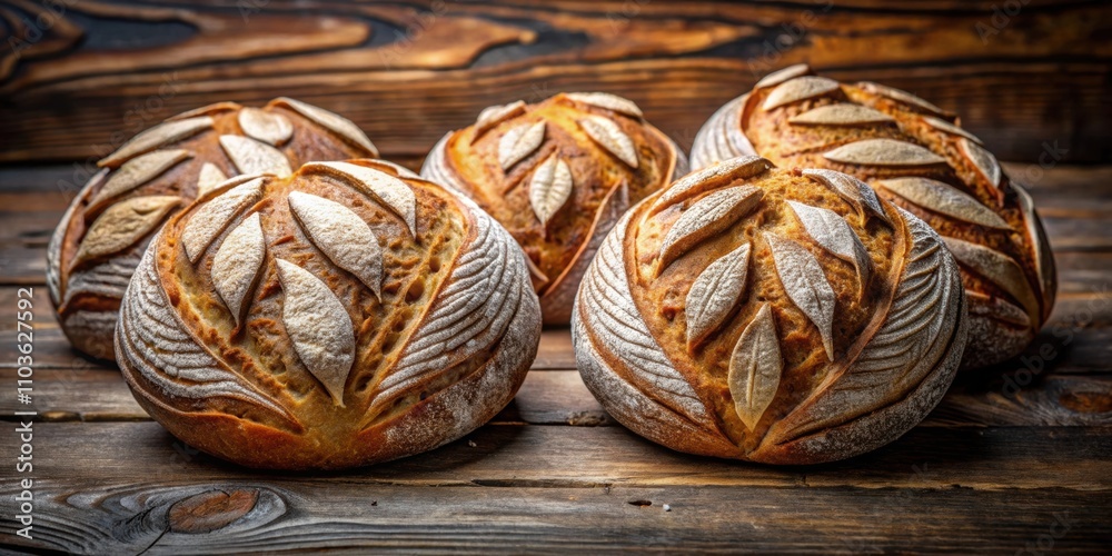 Freshly baked artisanal sourdough loaves with intricate scoring on rustic background, sourdough, bread, artisanal Freshly baked artisanal sourdough loaves with intricate scoring on rustic background, sourdough, bread, artisanal