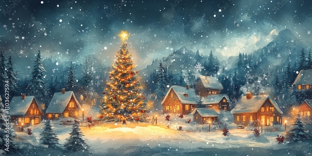 Fototapeta premium Winter Wonderland Scene with Christmas Tree and Snow-Covered Village
