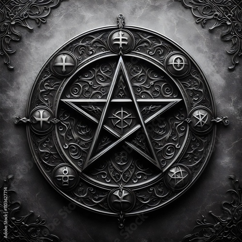Antique black pentagram on a dark background.
