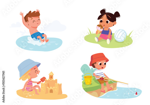 Kids on summer holiday weekend by on sea, river coast doing engaging in different activities having fun relaxing on vacation, spending having a great time outside outdoors on nature. fun recreational 