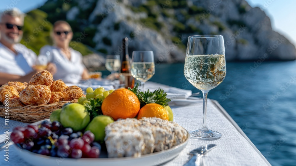 A couple savors leisurely moments on a yacht, surrounded by cool drinks and fresh fruits, basking in picturesque sunny seas. A couple savors leisurely moments on a yacht, surrounded by cool drinks and fresh fruits, basking in picturesque sunny seas.