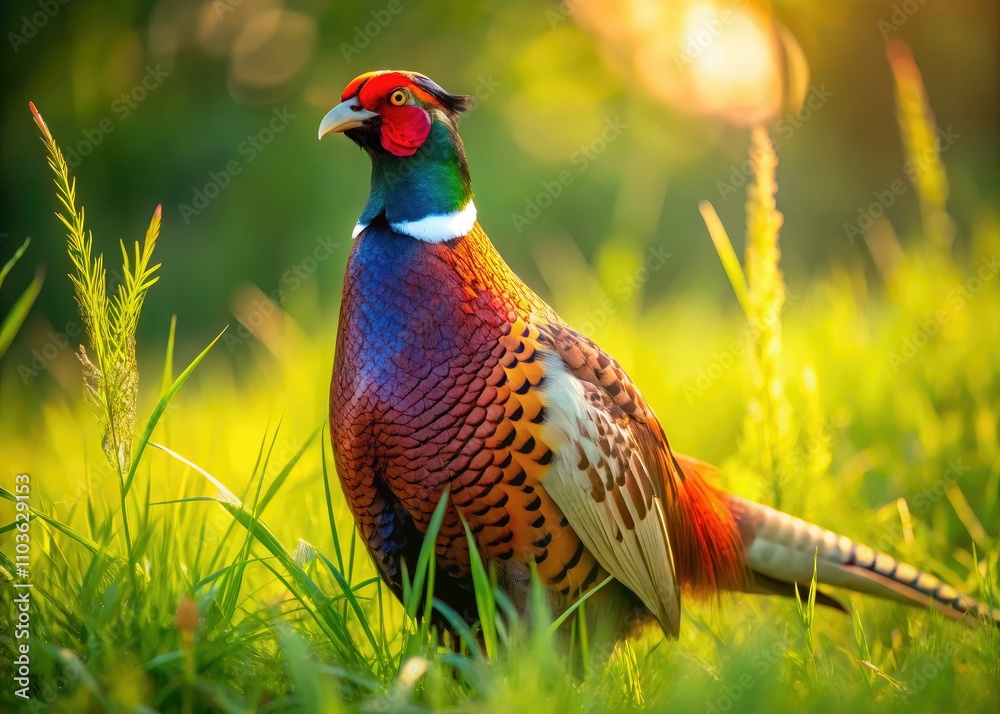 Fototapeta premium Majestic Male Pheasant in Grassland - Wild Bird Portrait Photography