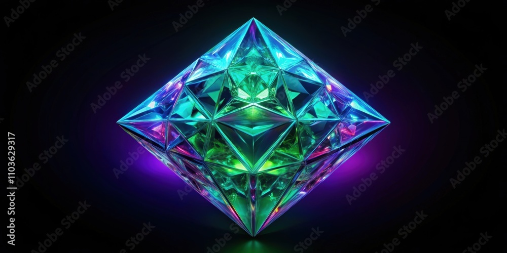 Abstract render of a surreal alien fractal diamond crystal in emerald green, purple, and blue colors on a black background