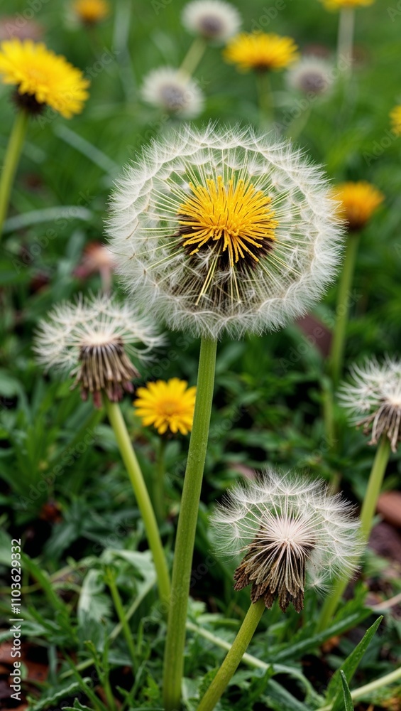 Dandelion Common herbaceous plant with bright yellow flowers that become fluffy seed heads Dandelion Common herbaceous plant with bright yellow flowers that become fluffy seed heads