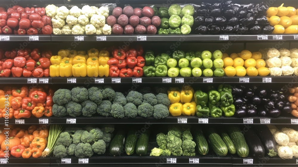 A vibrant array of fresh vegetables and fruits neatly displayed in a grocery store aisle, showcasing healthy and colorful food choices. A vibrant array of fresh vegetables and fruits neatly displayed in a grocery store aisle, showcasing healthy and colorful food choices.