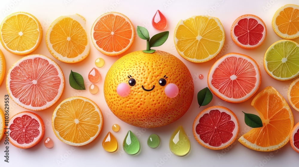 Logo design showcasing a cute orange with a cheerful expression, surrounded by colorful citrus slices and playful drops of juice. The cute style and bright colors evoke a refreshing feel, enhanced Logo design showcasing a cute orange with a cheerful expression, surrounded by colorful citrus slices and playful drops of juice. The cute style and bright colors evoke a refreshing feel, enhanced