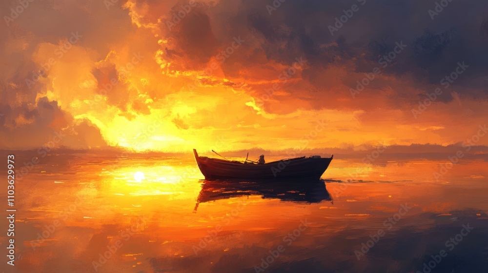 A vibrant sunrise lights up the horizon as a traditional fishing boat glides through still waters, reflecting warm golden tones.
