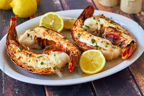 broiled rock lobster tails served with butter and fresh lemon on a white plate photo