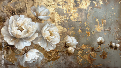 Elegant White Rose Flower on Beautiful Decorative Vintage Gold Background as Wallpaper Illustration