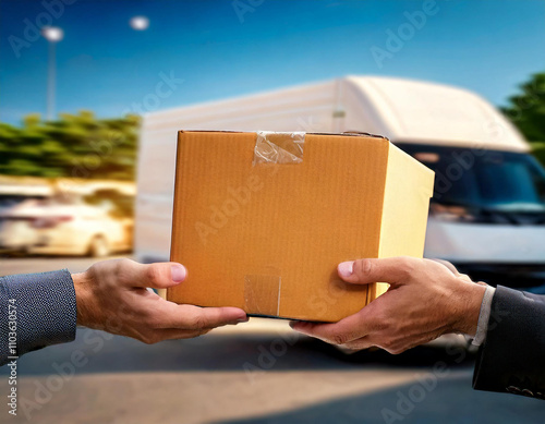 Courier delivering cardboard box to manager near delivery truck, fast and reliable shipping service