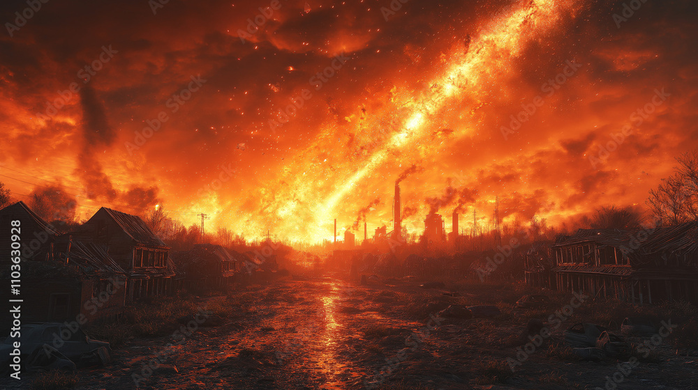 Apocalyptic Fiery Sky Over Abandoned Industrial Town Apocalyptic Fiery Sky Over Abandoned Industrial Town