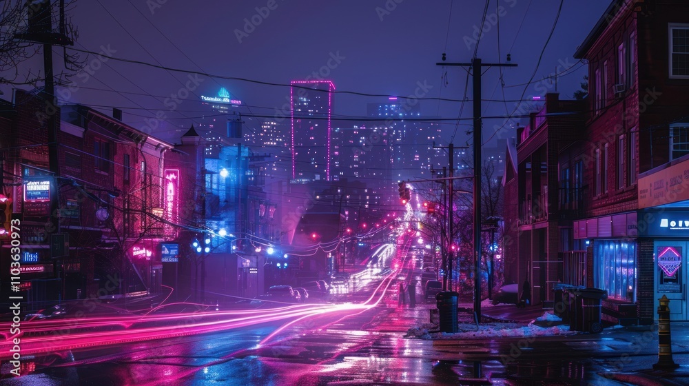 A vibrant city street at night, illuminated by colorful neon lights and light trails. A vibrant city street at night, illuminated by colorful neon lights and light trails.