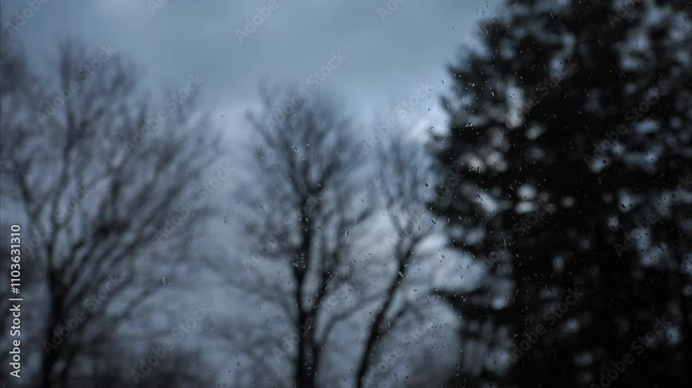 Raindrops adorn a window pane, blurring the silhouettes of leafless trees against a dark, stormy sky, capturing a disturbing moment during a stormy evening. Raindrops adorn a window pane, blurring the silhouettes of leafless trees against a dark, stormy sky, capturing a disturbing moment during a stormy evening.