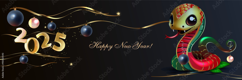 Fototapeta premium Luxury 2025 banner with snake and glitter