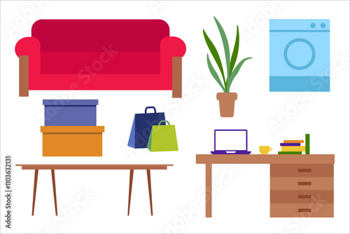 Furniture and appliances, sofa, desk, washing machine, house plant. Table, boxes and packages. Relocation, move. Vector simple color flat illustration.
