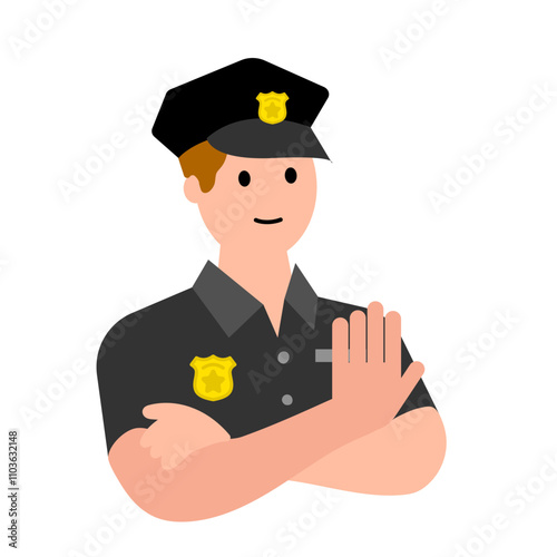 Young policeman shows stop sign. Stop. Vector simple color flat illustration.