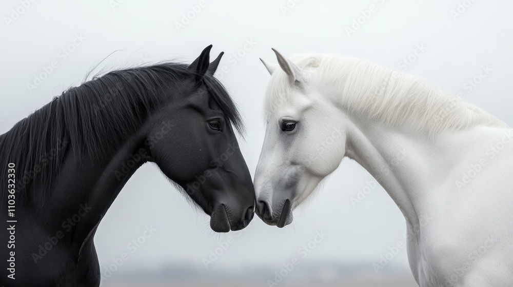 Obraz premium Black and white horses tenderly meet, forming a striking visual of contrast and unity, framed against a clear background.