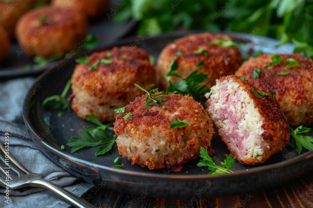 Chicken and ham patties garnished with fresh parsley on dark plate Chicken and ham patties garnished with fresh parsley on dark plate