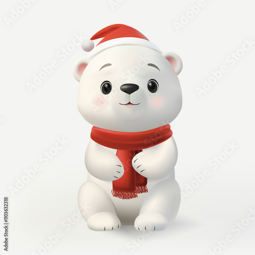 A 3D cute polar bear character in a Santa hat smiling joyfully. This cartoon style illustration radiates winter cheer, holiday spirit, and festive charm. Not AI.
