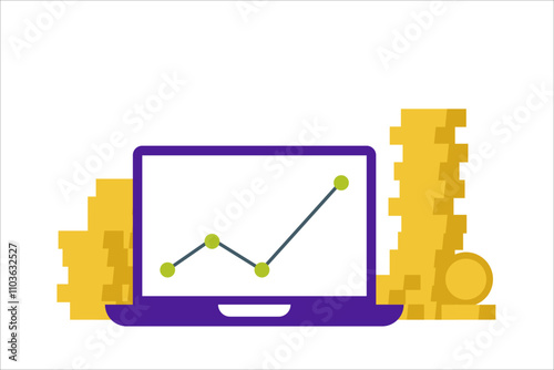 Laptop, chart and coins. Conversion factor. Vector simple color flat illustration.