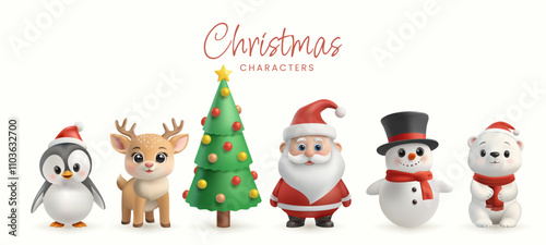 A 3D set of cute Christmas characters, including Santa Claus, a snowman, reindeer, penguin, and polar bear, all in festive red and white. Cartoon style, smiling, isolated holiday icons. Not AI.