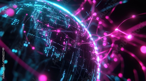 A close-up of a glowing network hub connecting various points on a digital globe; neon art style, electric blue and magenta, futuristic lighting