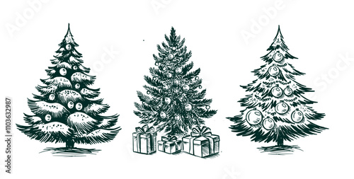 Christmas tree. New Year set. Hand drawn illustration. 
