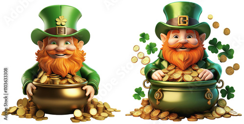 st patricks day, leprechaun with top hat and red beard sits by his pot full of gold