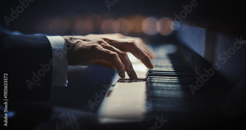 Photography Close Up on Pianist Hands Playing a Mesmerizing Jazz Melody on a Black Grand Piano