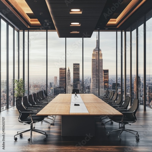 A modern conference business room with large windows with city views.