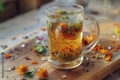 Glass mug with blooming tea and dried flowers on wooden board photo