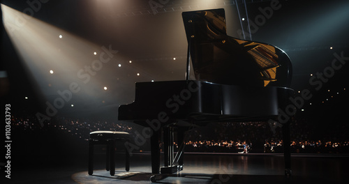 Black Grand Piano Standing on Stage at a National Symphony. Music Instrument Ready to Perform at a Concert. Pianist Will Be Playing Classical Compositions