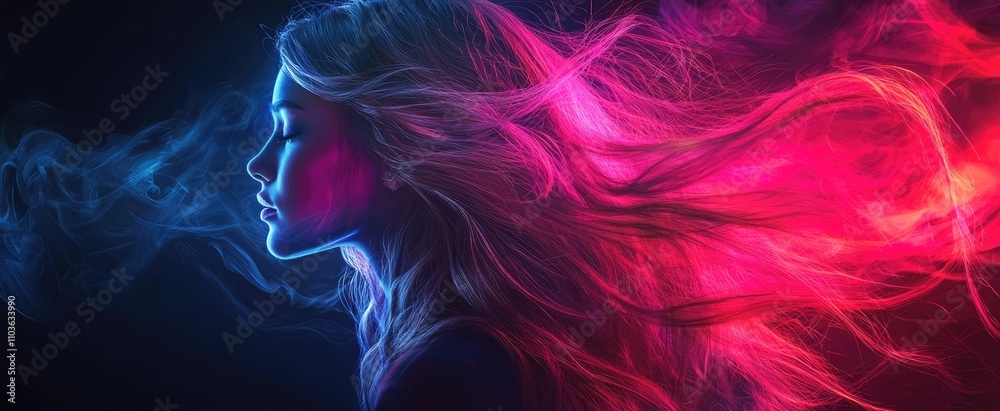 Young caucasian female with flowing neon hair in dark ambient light Young caucasian female with flowing neon hair in dark ambient light