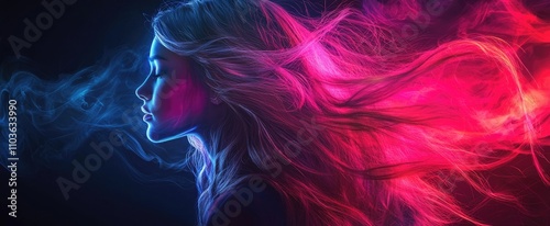 Young caucasian female with flowing neon hair in dark ambient light