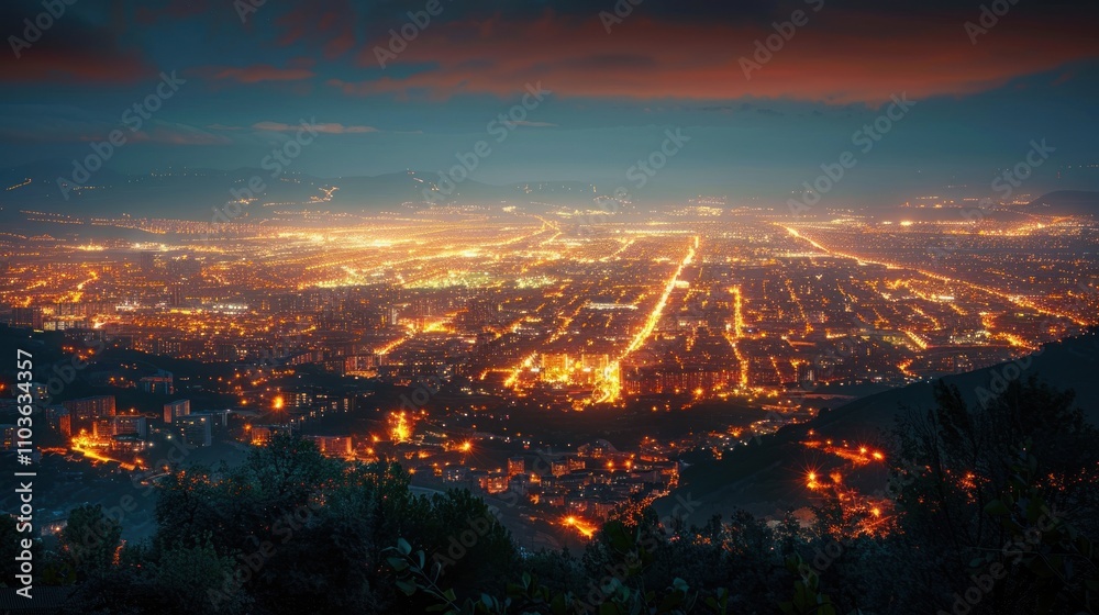 Fototapeta premium A breathtaking nighttime cityscape illuminated by streetlights and building lights.